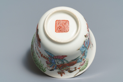 Five sets of Chinese famille rose cups and saucers and a pair of cups with horses, 19/20th C.
