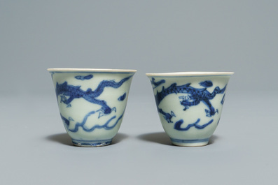 Two Chinese blue and white Hatcher Cargo bowls, two wine cups and two boxes, Transitional period