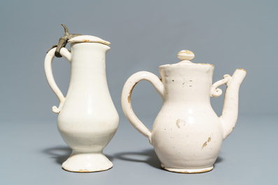 Four white Dutch Delft jugs, a pair of lobed plates and a large shaker, 17/18th C.