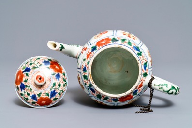 A large Chinese famille verte melon-shaped teapot and cover, Kangxi