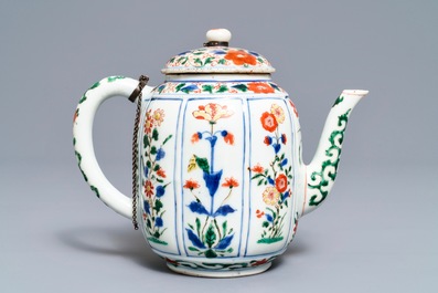 A large Chinese famille verte melon-shaped teapot and cover, Kangxi