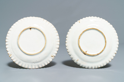 Four white Dutch Delft jugs, a pair of lobed plates and a large shaker, 17/18th C.