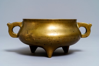 A Chinese bronze tripod censer, Qianlong mark, 19th C.