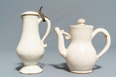 Four white Dutch Delft jugs, a pair of lobed plates and a large shaker, 17/18th C.