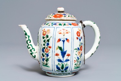 A large Chinese famille verte melon-shaped teapot and cover, Kangxi
