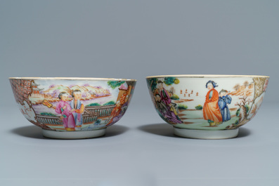 Two Chinese famille rose 'mandarin' bowls and three cups and saucers, Qianlong
