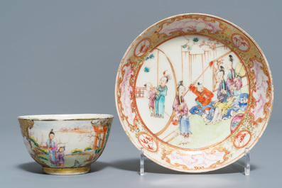 Two Chinese famille rose 'mandarin' bowls and three cups and saucers, Qianlong