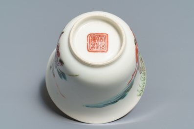 Five sets of Chinese famille rose cups and saucers and a pair of cups with horses, 19/20th C.