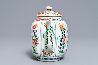 A large Chinese famille verte melon-shaped teapot and cover, Kangxi