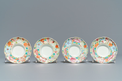 Five sets of Chinese famille rose cups and saucers and a pair of cups with horses, 19/20th C.