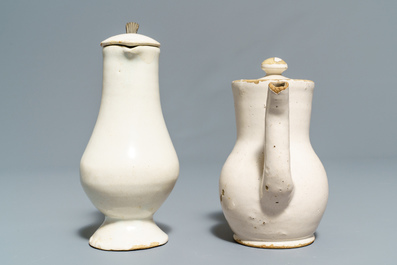 Four white Dutch Delft jugs, a pair of lobed plates and a large shaker, 17/18th C.