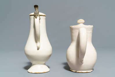 Four white Dutch Delft jugs, a pair of lobed plates and a large shaker, 17/18th C.