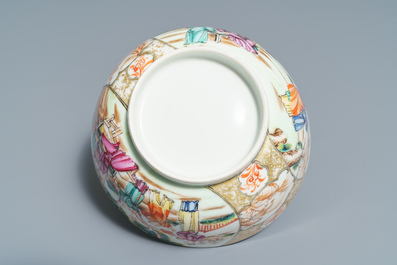 Two Chinese famille rose 'mandarin' bowls and three cups and saucers, Qianlong