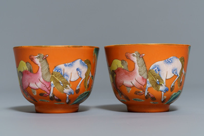 Five sets of Chinese famille rose cups and saucers and a pair of cups with horses, 19/20th C.