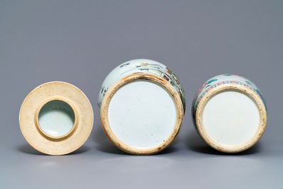 Four Chinese famille rose, verte and qianjiang cai vases, 19/20th C.