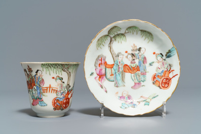 Five sets of Chinese famille rose cups and saucers and a pair of cups with horses, 19/20th C.