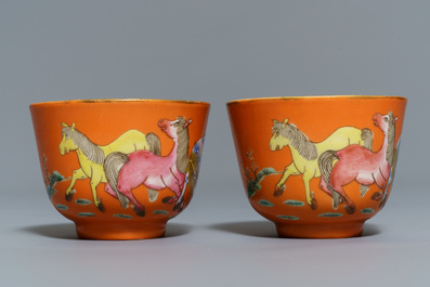 Five sets of Chinese famille rose cups and saucers and a pair of cups with horses, 19/20th C.