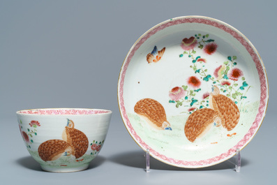 Two Chinese famille rose 'mandarin' bowls and three cups and saucers, Qianlong