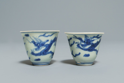 Two Chinese blue and white Hatcher Cargo bowls, two wine cups and two boxes, Transitional period