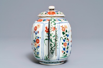 A large Chinese famille verte melon-shaped teapot and cover, Kangxi