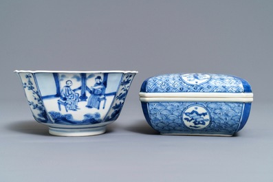 A Chinese blue and white square box and cover and a bowl, Chenghua mark, Kangxi