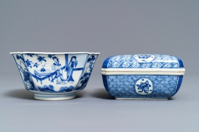 A Chinese blue and white square box and cover and a bowl, Chenghua mark, Kangxi