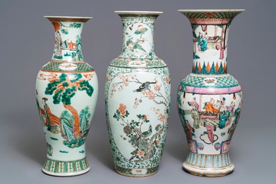 Three Chinese famille rose and verte vases, 19/20th C.