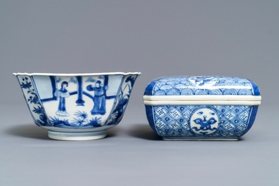 A Chinese blue and white square box and cover and a bowl, Chenghua mark, Kangxi
