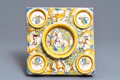 A polychrome Spanish pottery condiment tray, Talavera, 18th C.