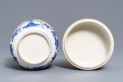 A Chinese blue and white jar and cover with antiquities design, Kangxi
