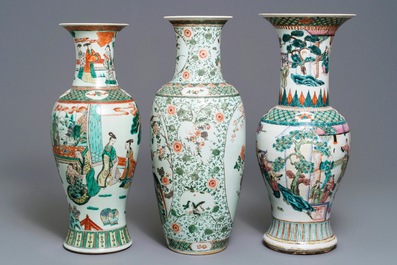 Three Chinese famille rose and verte vases, 19/20th C.