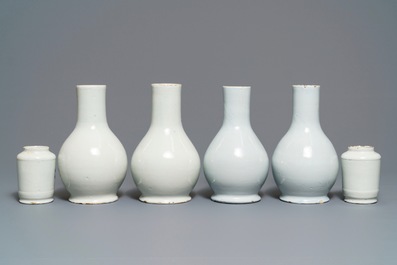 Four Dutch Delft blue and white pharmacy bottles and two jars, 18th C.