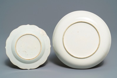 Two Chinese famille rose Dutch market armorial plates, arms of Rijzik and Schippers accol&eacute;, Qianlong