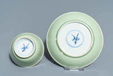Six Chinese celadon and blue and white 'crabs and fish' cups and saucers, Kangxi