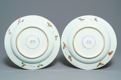 A pair of large Chinese famille verte powder blue-ground dishes, Kangxi