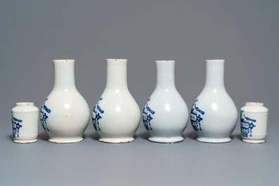 Four Dutch Delft blue and white pharmacy bottles and two jars, 18th C.