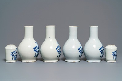 Four Dutch Delft blue and white pharmacy bottles and two jars, 18th C.