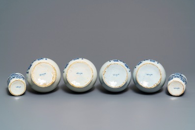 Four Dutch Delft blue and white pharmacy bottles and two jars, 18th C.