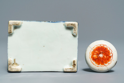 A Chinese famille verte tea caddy, a plate and a famille rose stem cup, Kangxi/Yongzheng