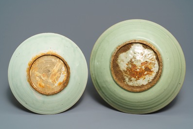 Two Chinese Swatow celadon dishes with underglaze design, Ming