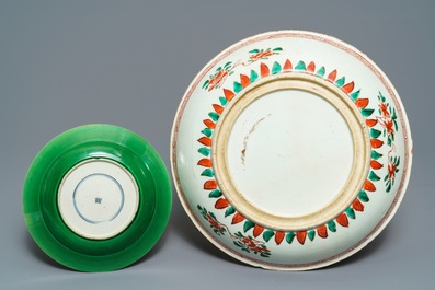 A Chinese famille verte dish and a monochrome green plate, Kangxi