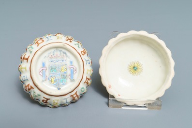 A Chinese famille rose box and cover after a Spanish coin, Jiaqing