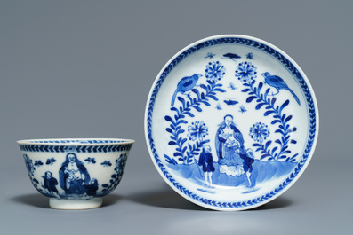 Six Chinese blue and white 'mother and child' cups and five saucers, Kangxi