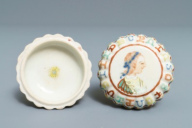 A Chinese famille rose box and cover after a Spanish coin, Jiaqing