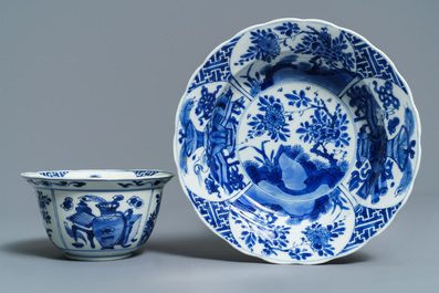 Six Chinese blue and white bowls on stands, Kangxi