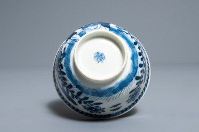 Six Chinese blue and white 'mother and child' cups and five saucers, Kangxi