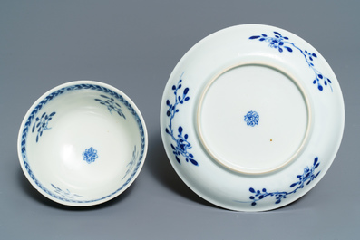 Six Chinese blue and white 'mother and child' cups and five saucers, Kangxi