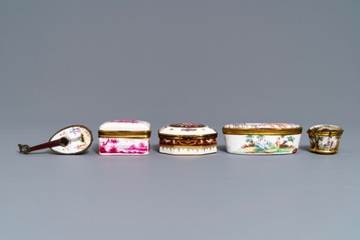 Five porcelain and enamel snuff boxes, Germany and France, 18/19th C.