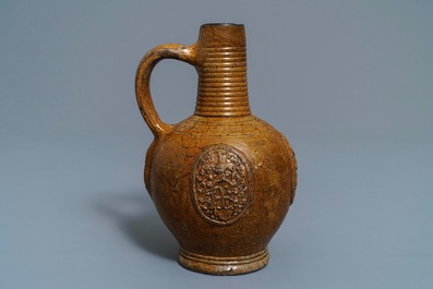 Une cruche armori&eacute;e et monogramm&eacute;e CR en gr&egrave;s de Bouffioulx, Belgique, 16/17&egrave;me