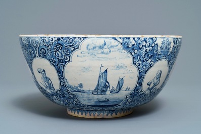 A fine and large Dutch Delft blue and white 'maritime subject' bowl depicting Atlas, 18th C.